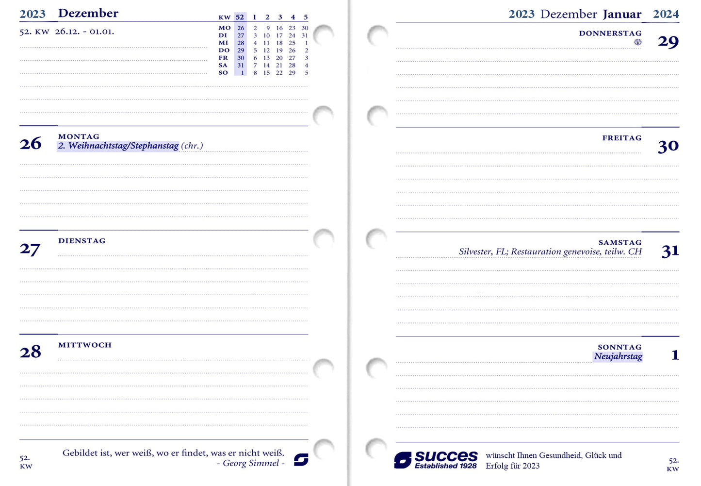 Succes Calendar Mini 7 days per 2 pages German white 2024