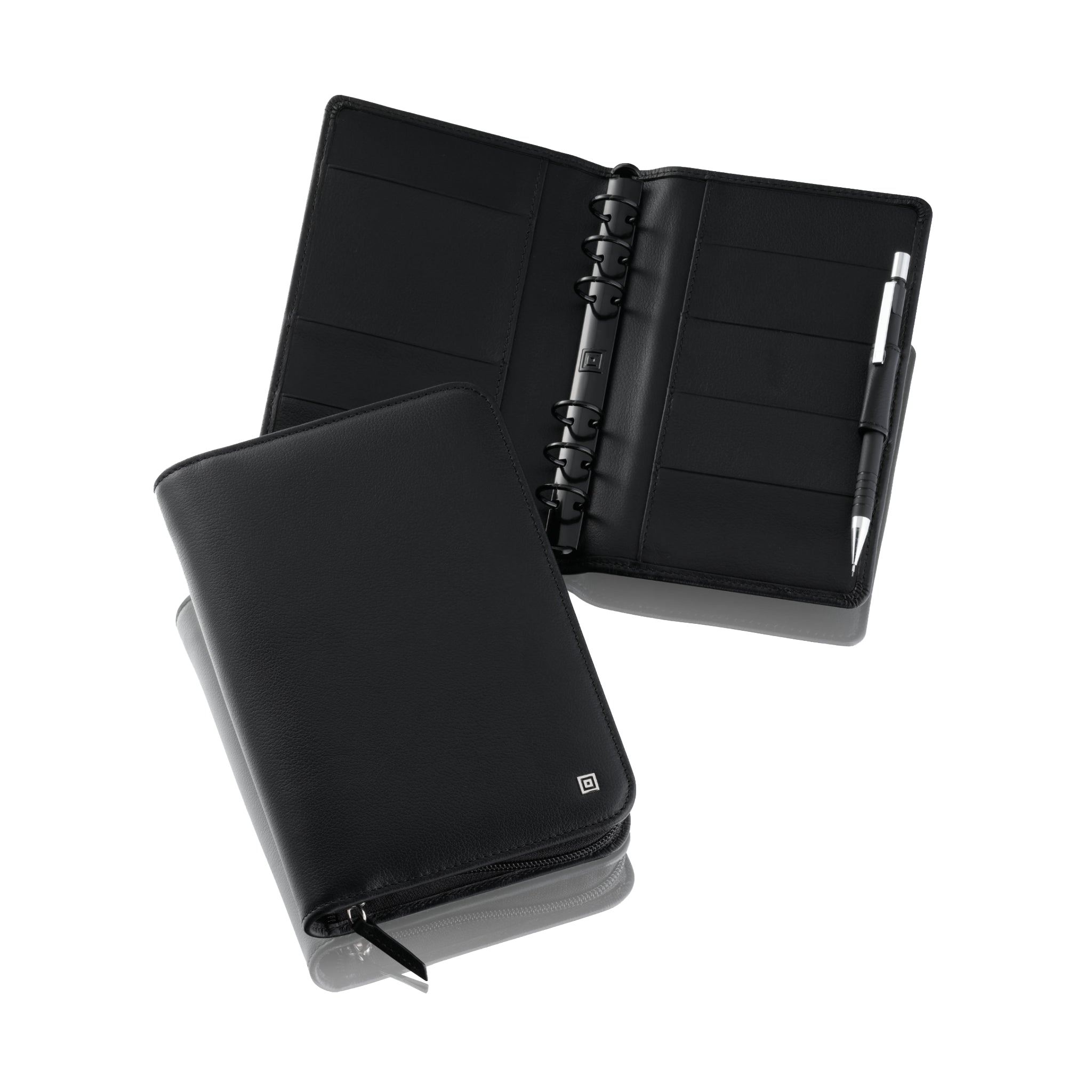 A black embossed cowhide compact organizer with a pen loop and zipper closure, displayed open and closed.