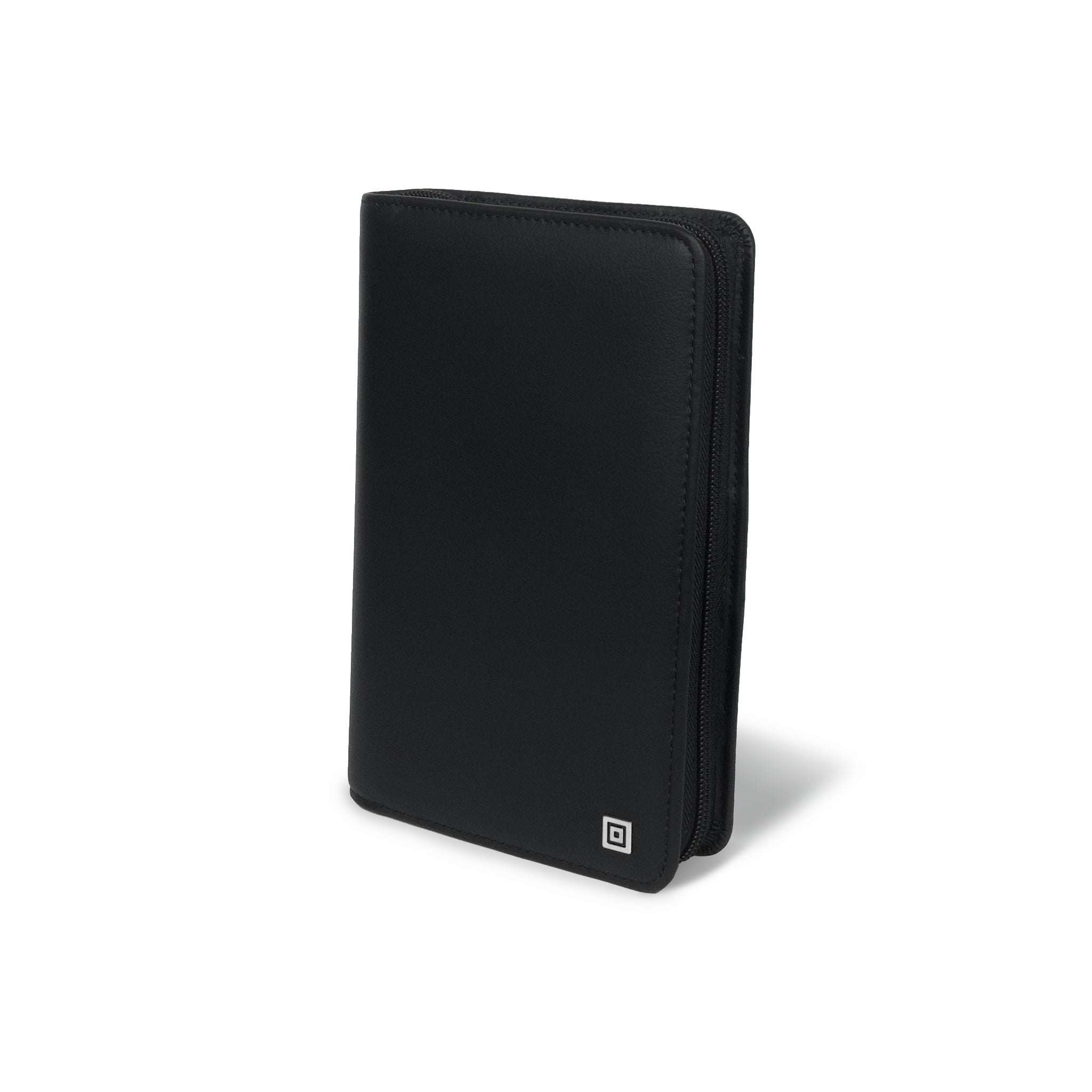 Black leather organiser with a brand logo on a white background