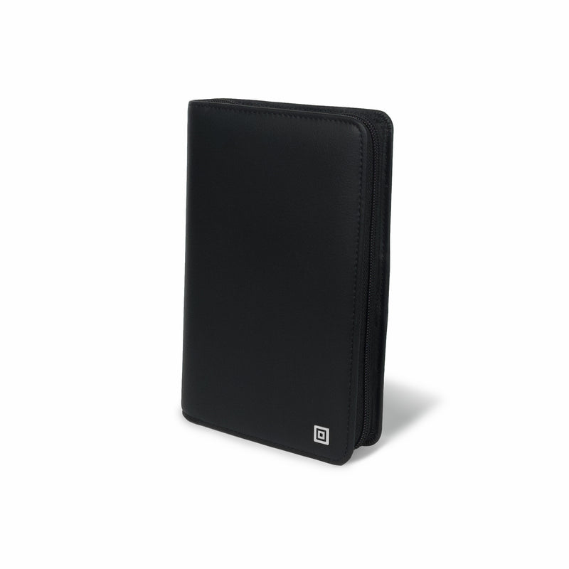 Black leather organiser with a brand logo on a white background