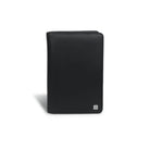 Black leather organizer with a square logo on a white background