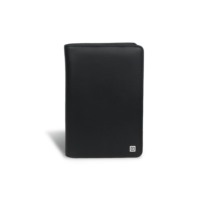 Black leather organizer with a square logo on a white background